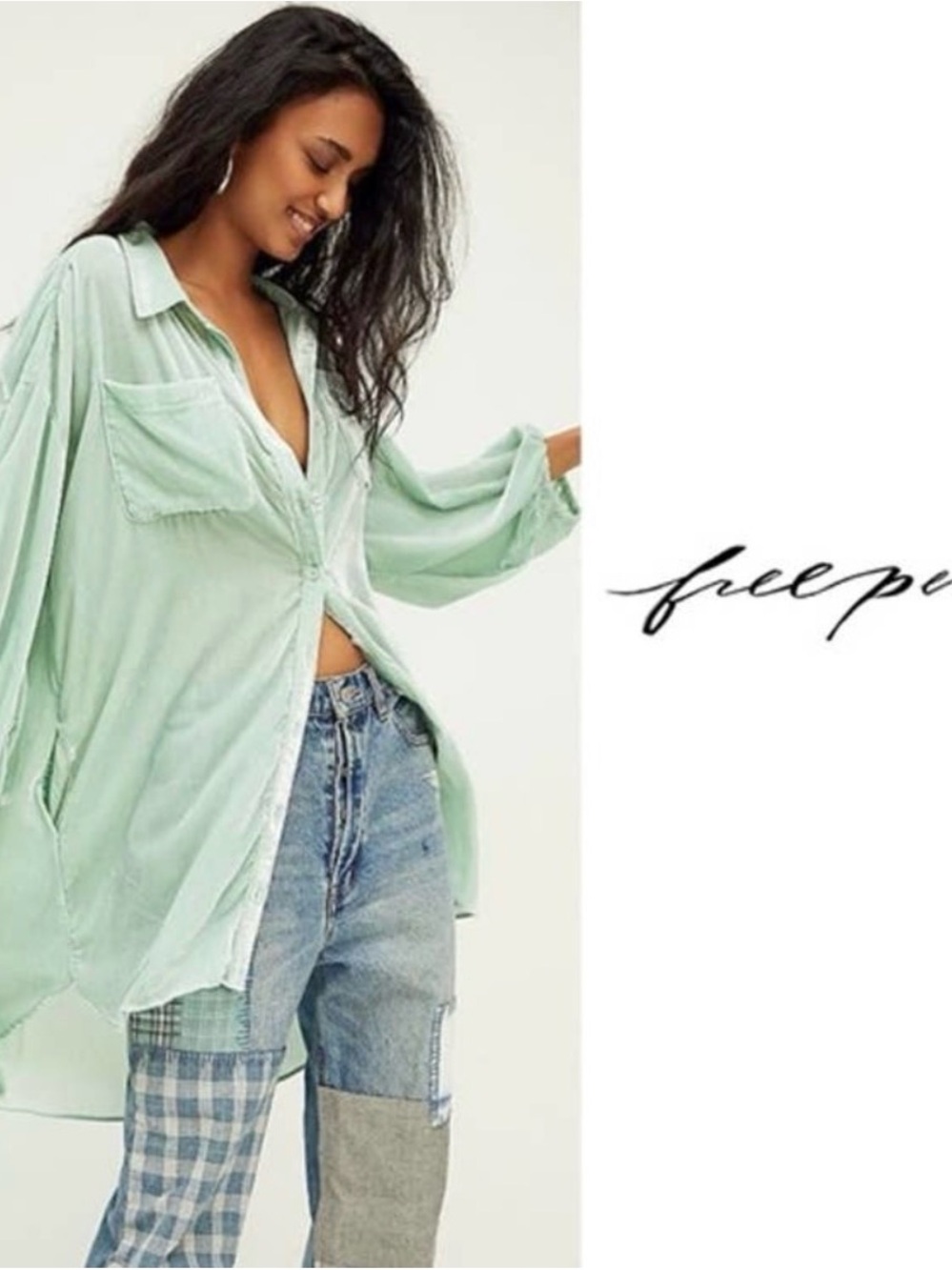 Free People Velvet Light Mint Oversized Button-Down Shirt/ Tunic/ Dress
